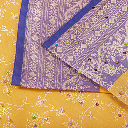 Sanskriti Vintage Saree Yellow-Purple Art Silk Hand Embroidery-Woven Fabric Sari