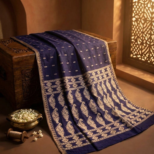 Sanskriti Vintage Saree Blue Blend Cotton Jamdani Woven Fabric West Bengal Sari