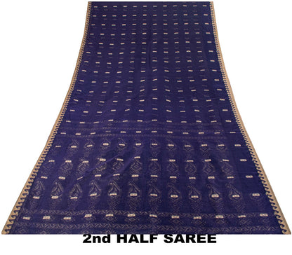 Sanskriti Vintage Saree Blue Blend Cotton Jamdani Woven Fabric West Bengal Sari