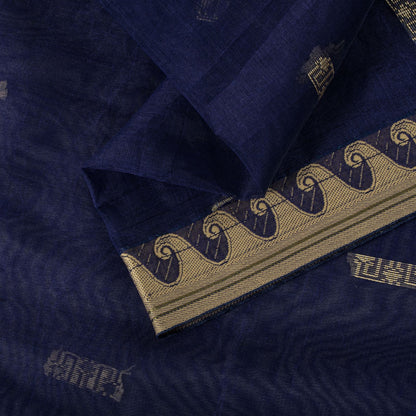 Sanskriti Vintage Saree Blue Blend Cotton Jamdani Woven Fabric West Bengal Sari
