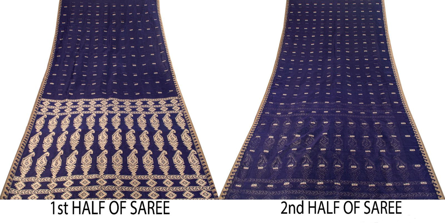 Sanskriti Vintage Saree Blue Blend Cotton Jamdani Woven Fabric West Bengal Sari