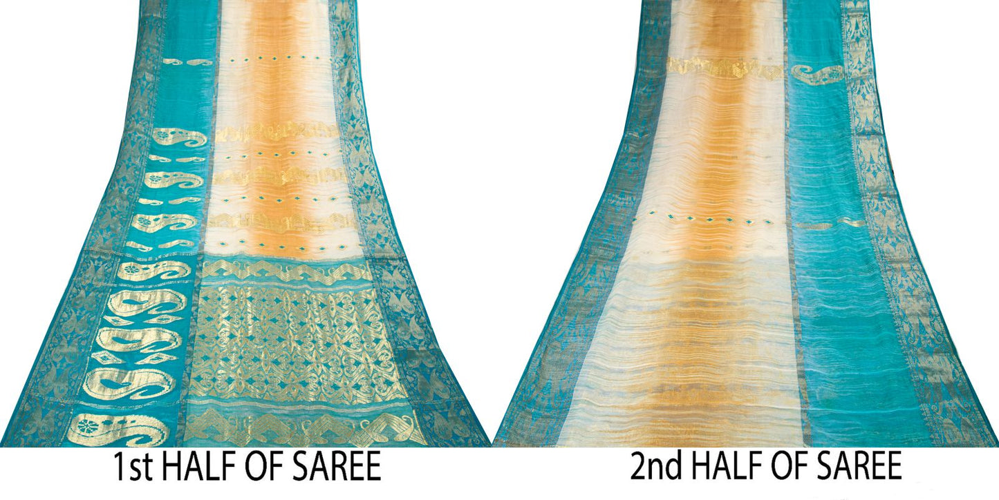 Sanskriti Vintage Saree Blue Blend Cotton Bhagalpuri StyleZari Woven Fabric Sari