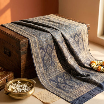 Sanskriti Vintage Saree Gray Pure Silk Woven Floral Craft Fabric Bollywood Sari