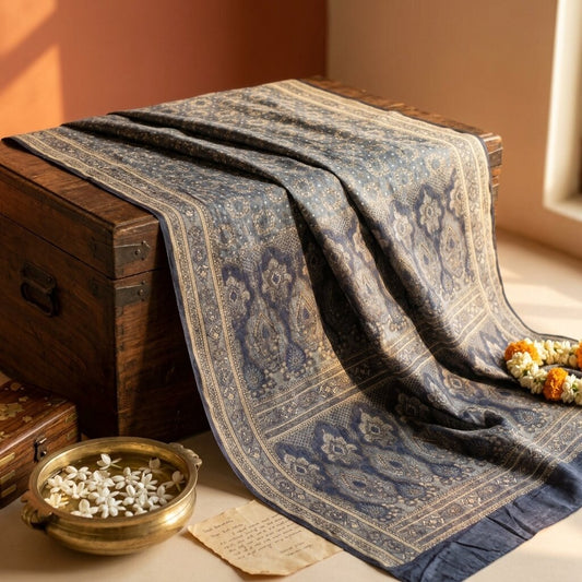 Sanskriti Vintage Saree Gray Pure Silk Woven Floral Craft Fabric Bollywood Sari