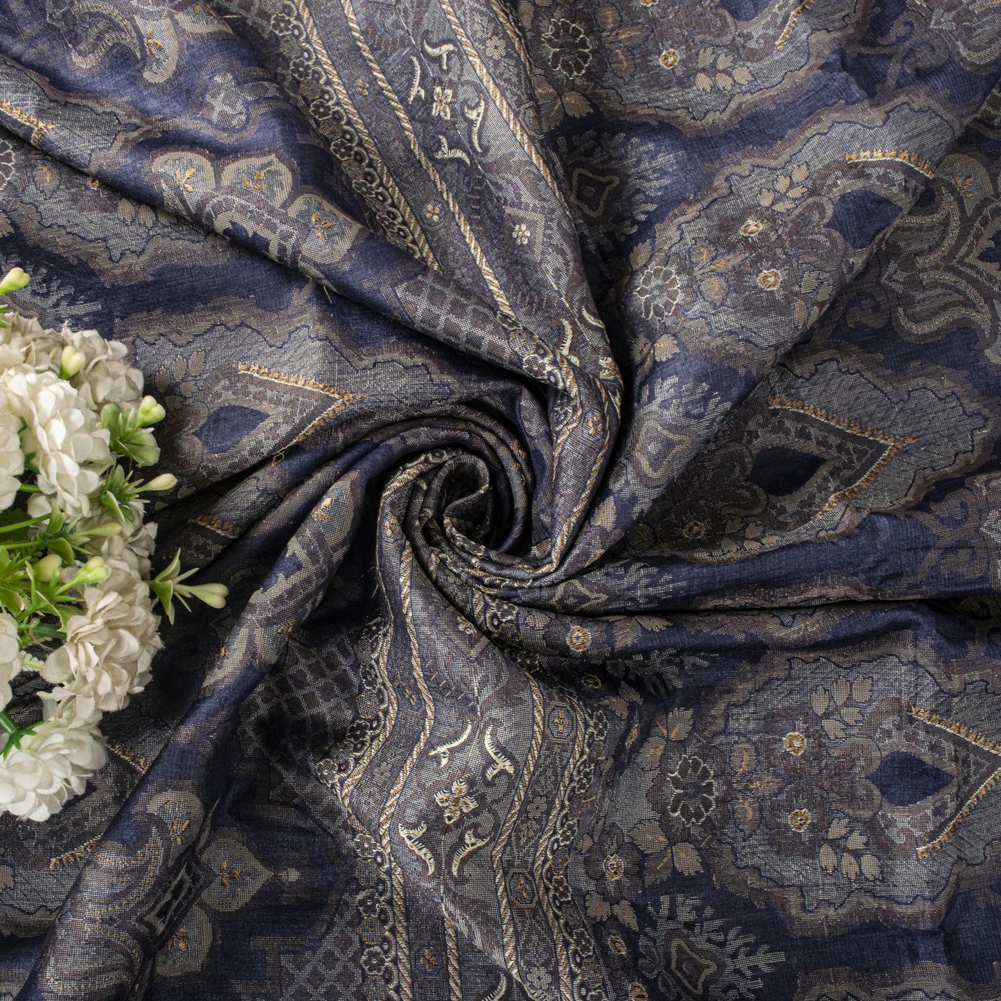 Sanskriti Vintage Saree Gray Pure Silk Woven Floral Craft Fabric Bollywood Sari