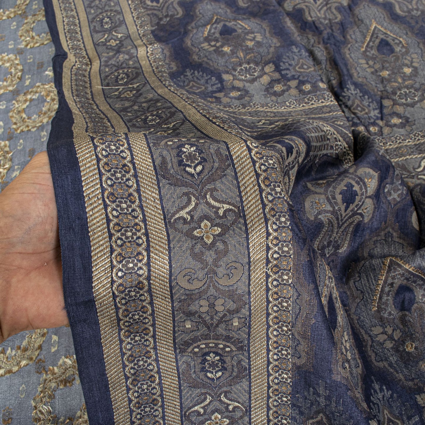 Sanskriti Vintage Saree Gray Pure Silk Woven Floral Craft Fabric Bollywood Sari