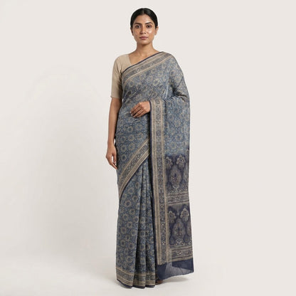 Sanskriti Vintage Saree Gray Pure Silk Woven Floral Craft Fabric Bollywood Sari