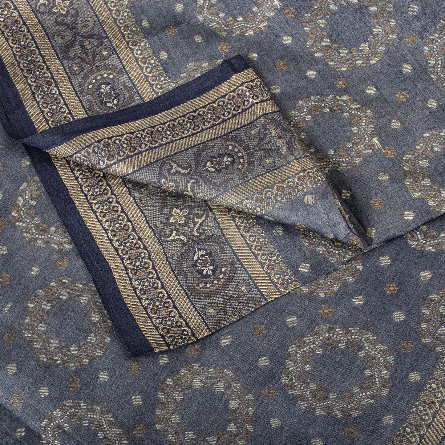 Sanskriti Vintage Saree Gray Pure Silk Woven Floral Craft Fabric Bollywood Sari