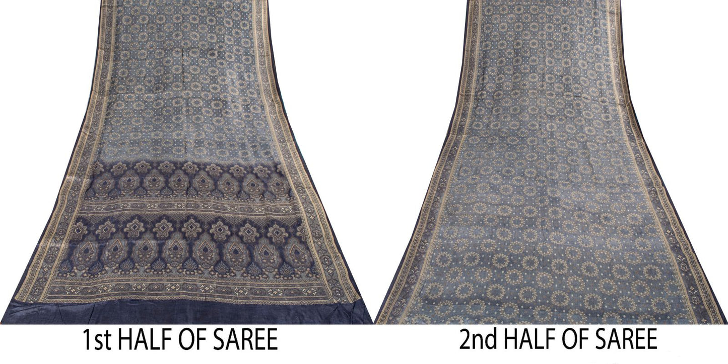 Sanskriti Vintage Saree Gray Pure Silk Woven Floral Craft Fabric Bollywood Sari
