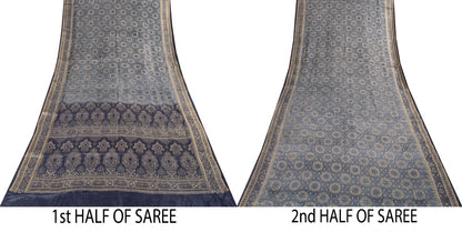 Sanskriti Vintage Saree Gray Pure Silk Woven Floral Craft Fabric Bollywood Sari