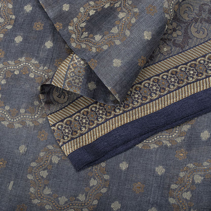 Sanskriti Vintage Saree Gray Pure Silk Woven Floral Craft Fabric Bollywood Sari