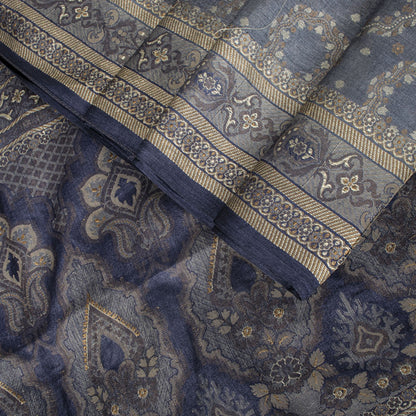 Sanskriti Vintage Saree Gray Pure Silk Woven Floral Craft Fabric Bollywood Sari