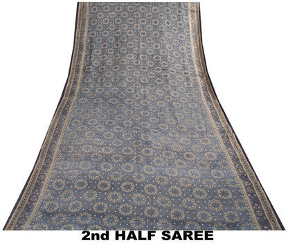 Sanskriti Vintage Saree Gray Pure Silk Woven Floral Craft Fabric Bollywood Sari