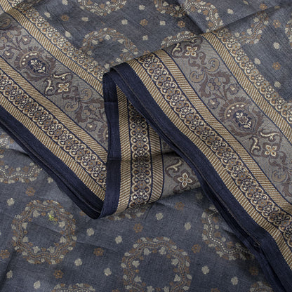Sanskriti Vintage Saree Gray Pure Silk Woven Floral Craft Fabric Bollywood Sari