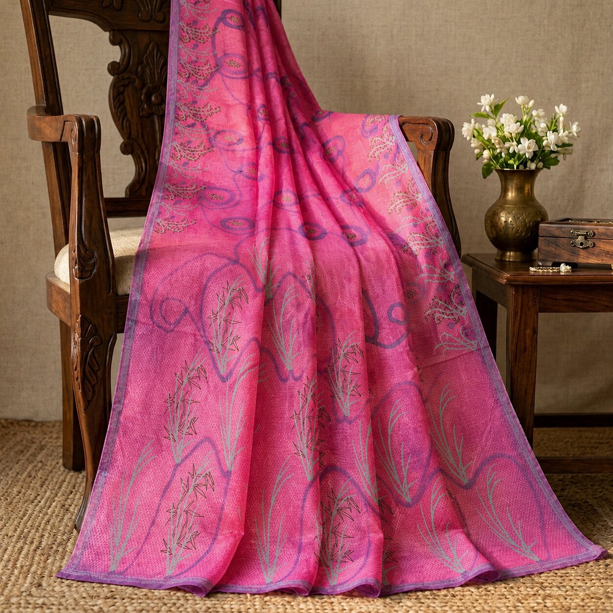 Sanskriti Vintage Saree Pink 100% Pure Silk Printed-Woven Fabric Premium Sari