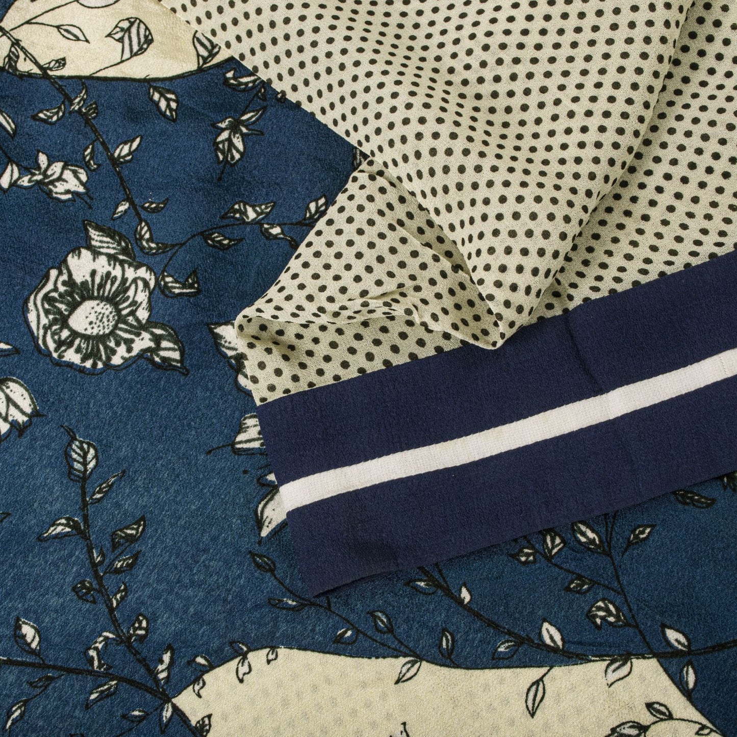 Sanskriti Vintage Saree White-Blue Pure Crepe Silk Abstract Print Fabric 6YDSari