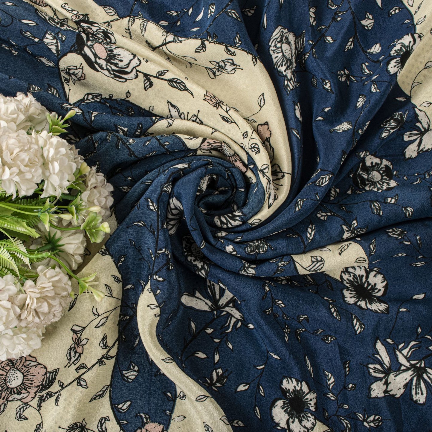 Sanskriti Vintage Saree White-Blue Pure Crepe Silk Abstract Print Fabric 6YDSari
