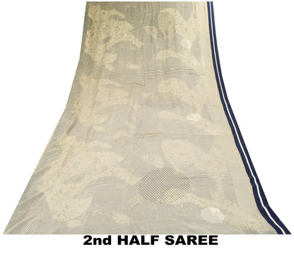 Sanskriti Vintage Saree White-Blue Pure Crepe Silk Abstract Print Fabric 6YDSari