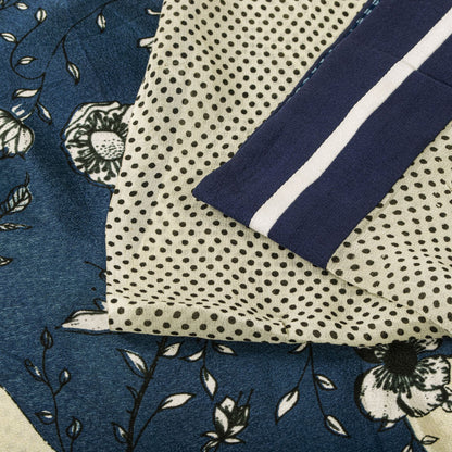 Sanskriti Vintage Saree White-Blue Pure Crepe Silk Abstract Print Fabric 6YDSari