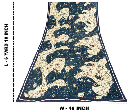 Sanskriti Vintage Saree White-Blue Pure Crepe Silk Abstract Print Fabric 6YDSari