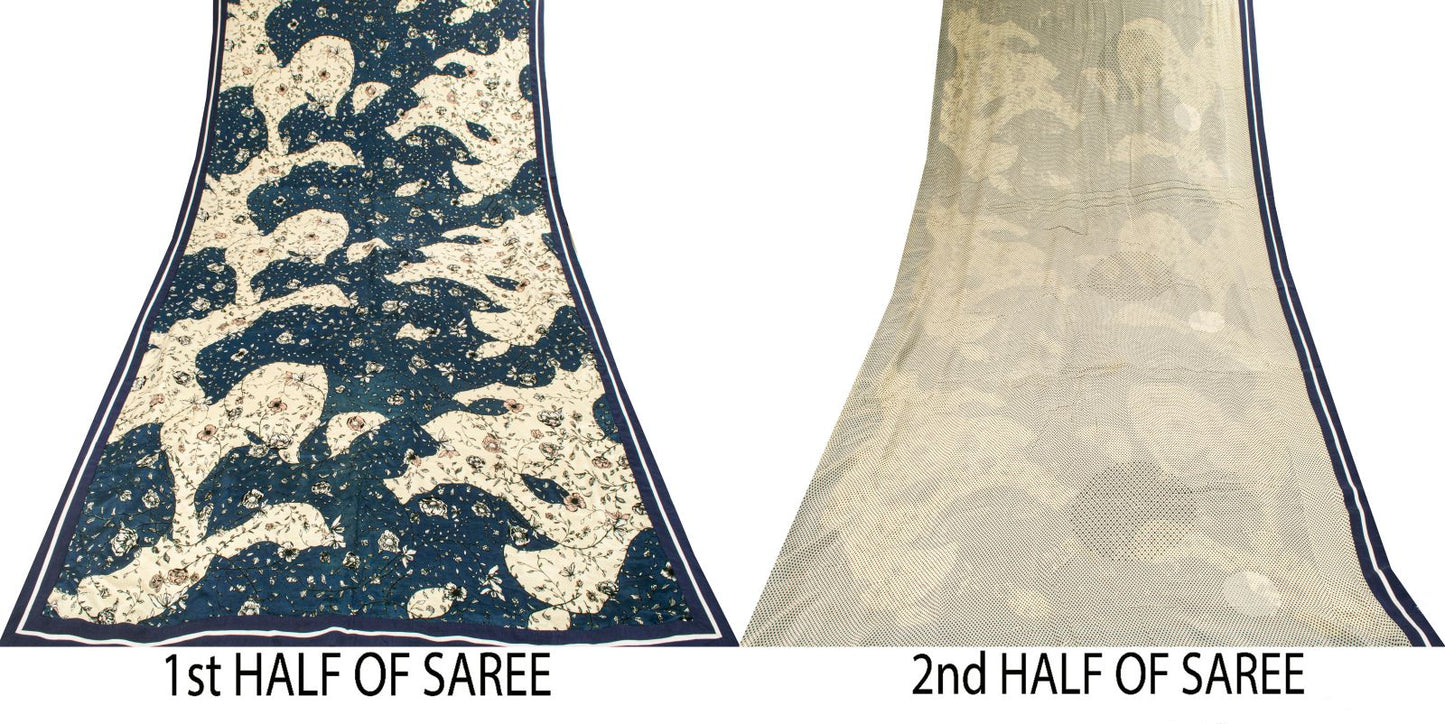 Sanskriti Vintage Saree White-Blue Pure Crepe Silk Abstract Print Fabric 6YDSari