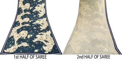 Sanskriti Vintage Saree White-Blue Pure Crepe Silk Abstract Print Fabric 6YDSari