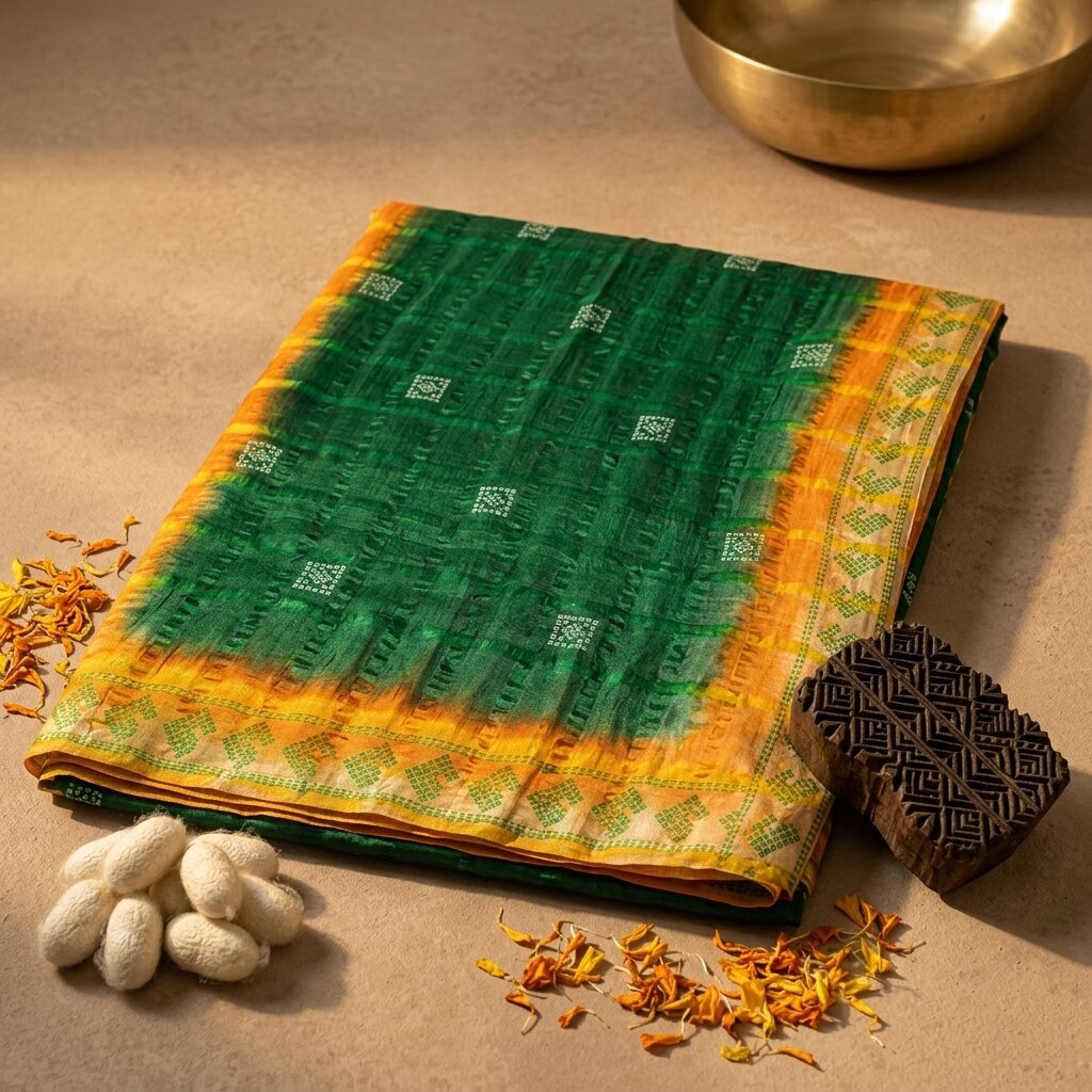 Sanskriti Vintage Saree Green Pure Silk Hand Block Print-Woven Fabric IndianSari