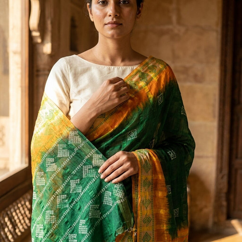 Sanskriti Vintage Saree Green Pure Silk Hand Block Print-Woven Fabric IndianSari