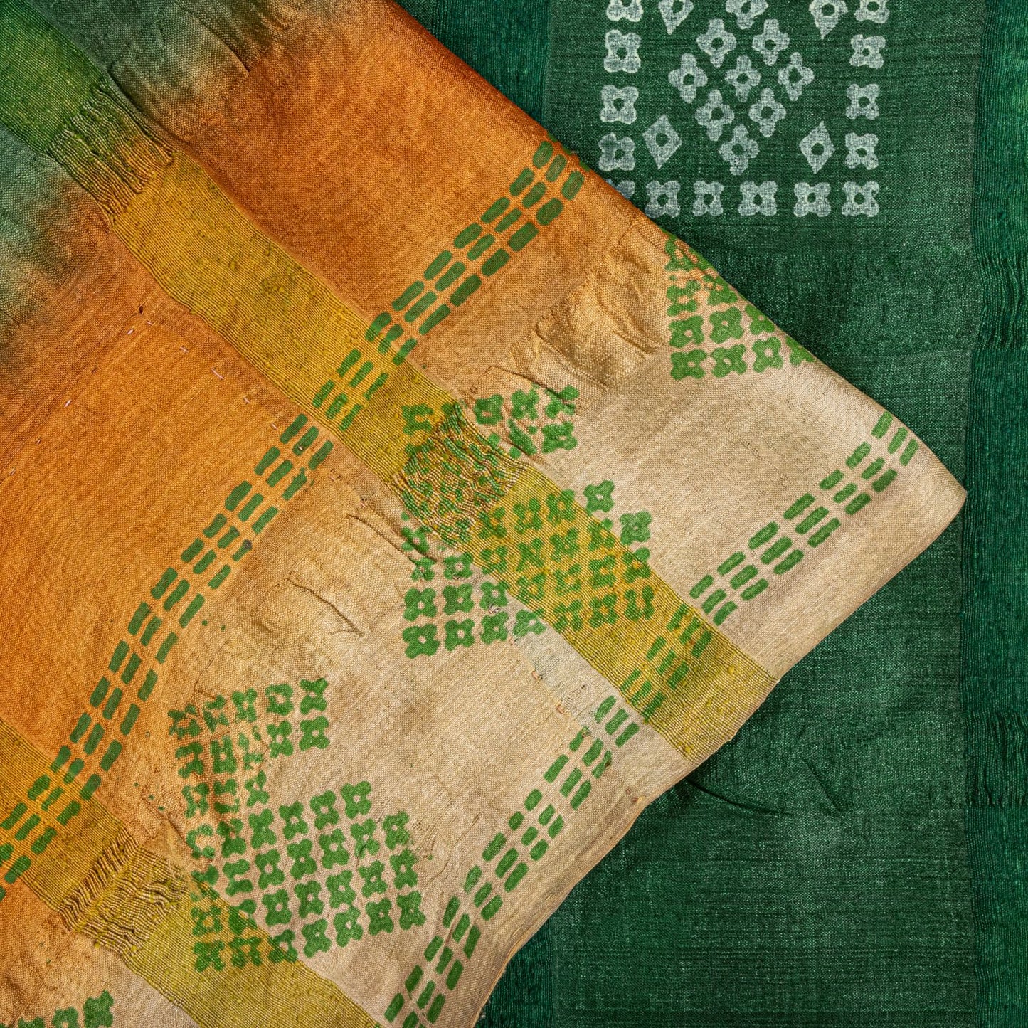 Sanskriti Vintage Saree Green Pure Silk Hand Block Print-Woven Fabric IndianSari