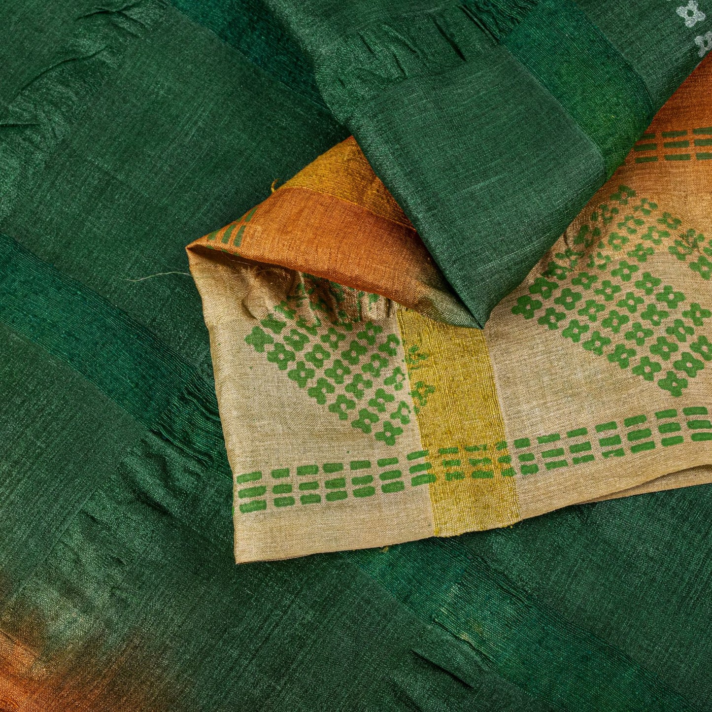 Sanskriti Vintage Saree Green Pure Silk Hand Block Print-Woven Fabric IndianSari