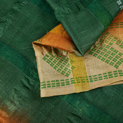 Sanskriti Vintage Saree Green Pure Silk Hand Block Print-Woven Fabric IndianSari