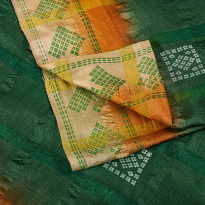 Sanskriti Vintage Saree Green Pure Silk Hand Block Print-Woven Fabric IndianSari