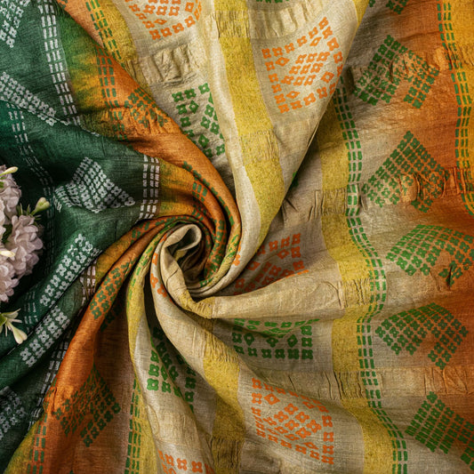 Sanskriti Vintage Saree Green Pure Silk Hand Block Print-Woven Fabric IndianSari