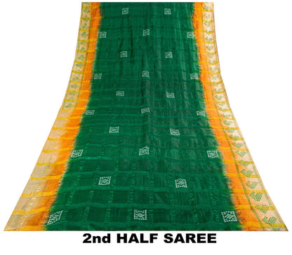 Sanskriti Vintage Saree Green Pure Silk Hand Block Print-Woven Fabric IndianSari