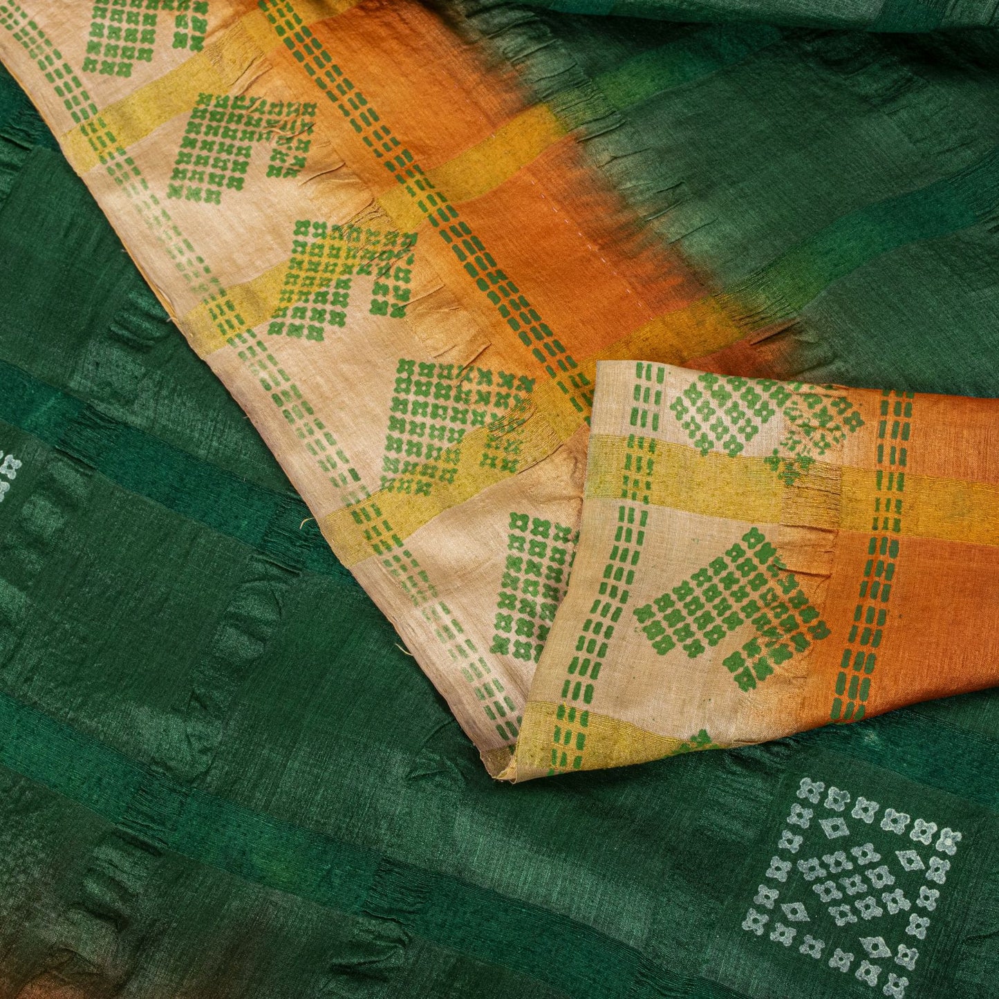 Sanskriti Vintage Saree Green Pure Silk Hand Block Print-Woven Fabric IndianSari