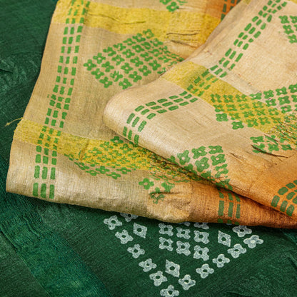 Sanskriti Vintage Saree Green Pure Silk Hand Block Print-Woven Fabric IndianSari