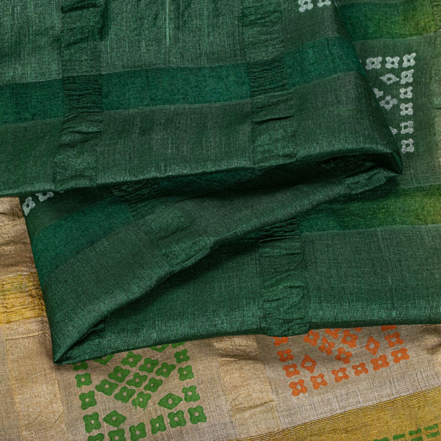 Sanskriti Vintage Saree Green Pure Silk Hand Block Print-Woven Fabric IndianSari