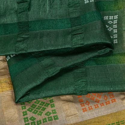 Sanskriti Vintage Saree Green Pure Silk Hand Block Print-Woven Fabric IndianSari