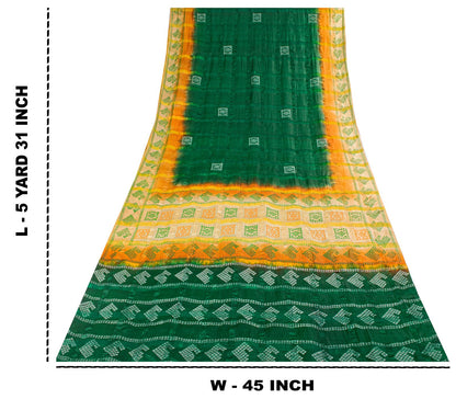 Sanskriti Vintage Saree Green Pure Silk Hand Block Print-Woven Fabric IndianSari
