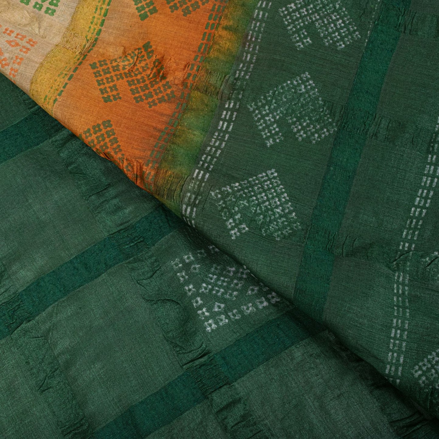 Sanskriti Vintage Saree Green Pure Silk Hand Block Print-Woven Fabric IndianSari