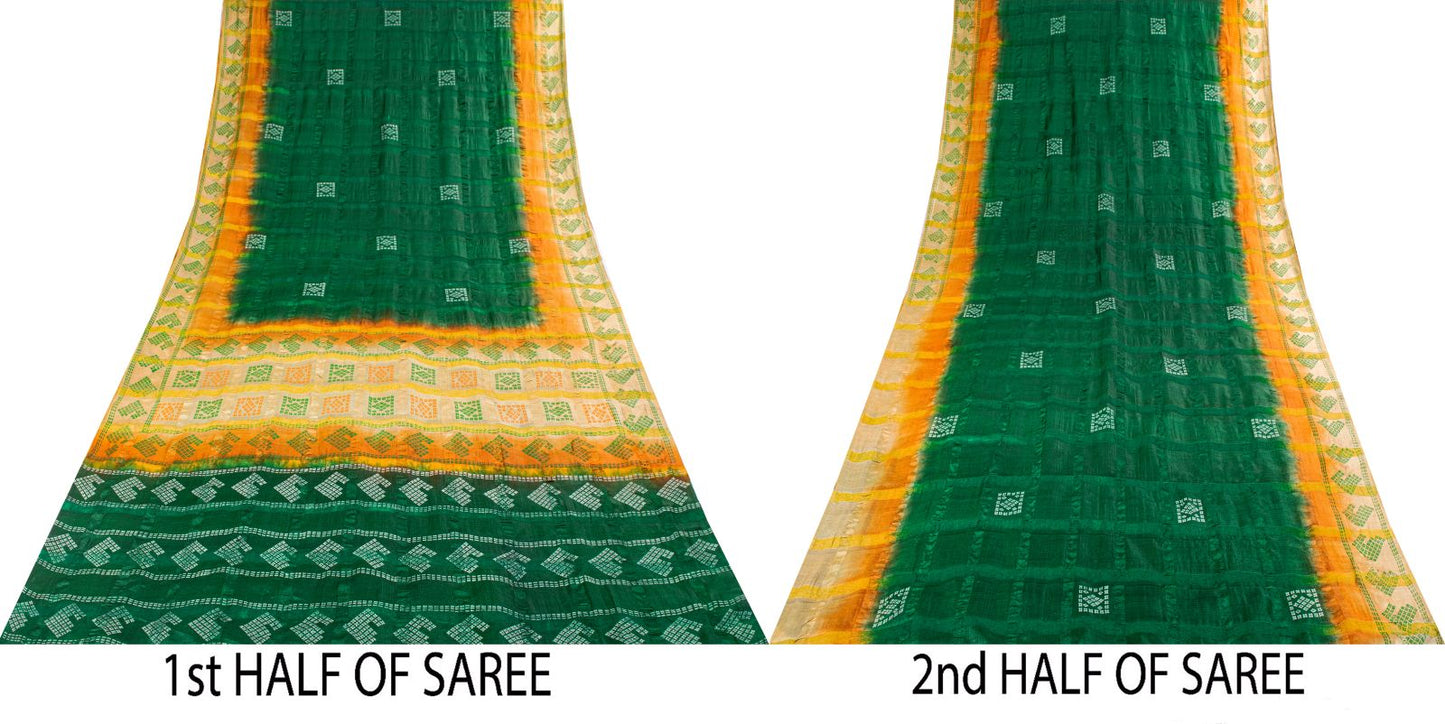 Sanskriti Vintage Saree Green Pure Silk Hand Block Print-Woven Fabric IndianSari