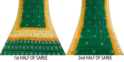 Sanskriti Vintage Saree Green Pure Silk Hand Block Print-Woven Fabric IndianSari