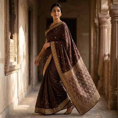 Sanskriti Vintage Saree Brown 100% Pure Silk Hand Embroidered-Woven Wedding Sari
