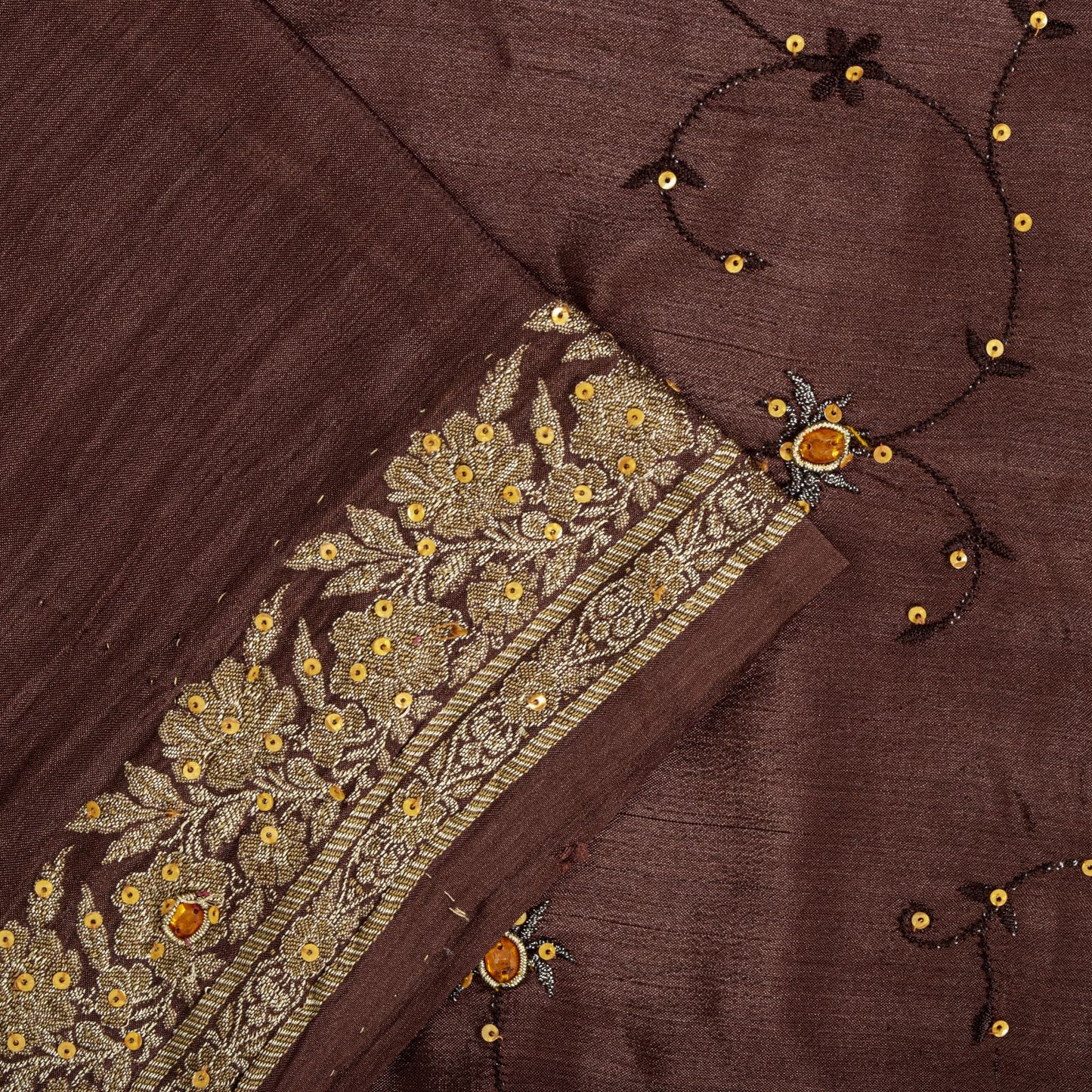 Sanskriti Vintage Saree Brown 100% Pure Silk Hand Embroidered-Woven Wedding Sari