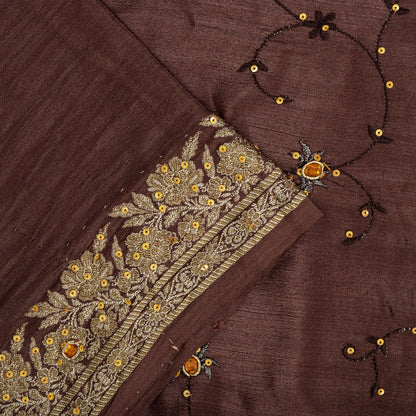 Sanskriti Vintage Saree Brown 100% Pure Silk Hand Embroidered-Woven Wedding Sari