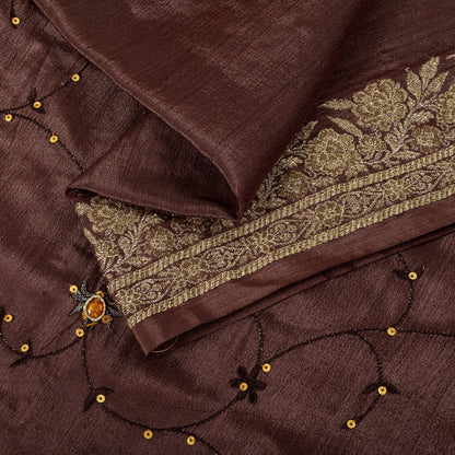 Sanskriti Vintage Saree Brown 100% Pure Silk Hand Embroidered-Woven Wedding Sari