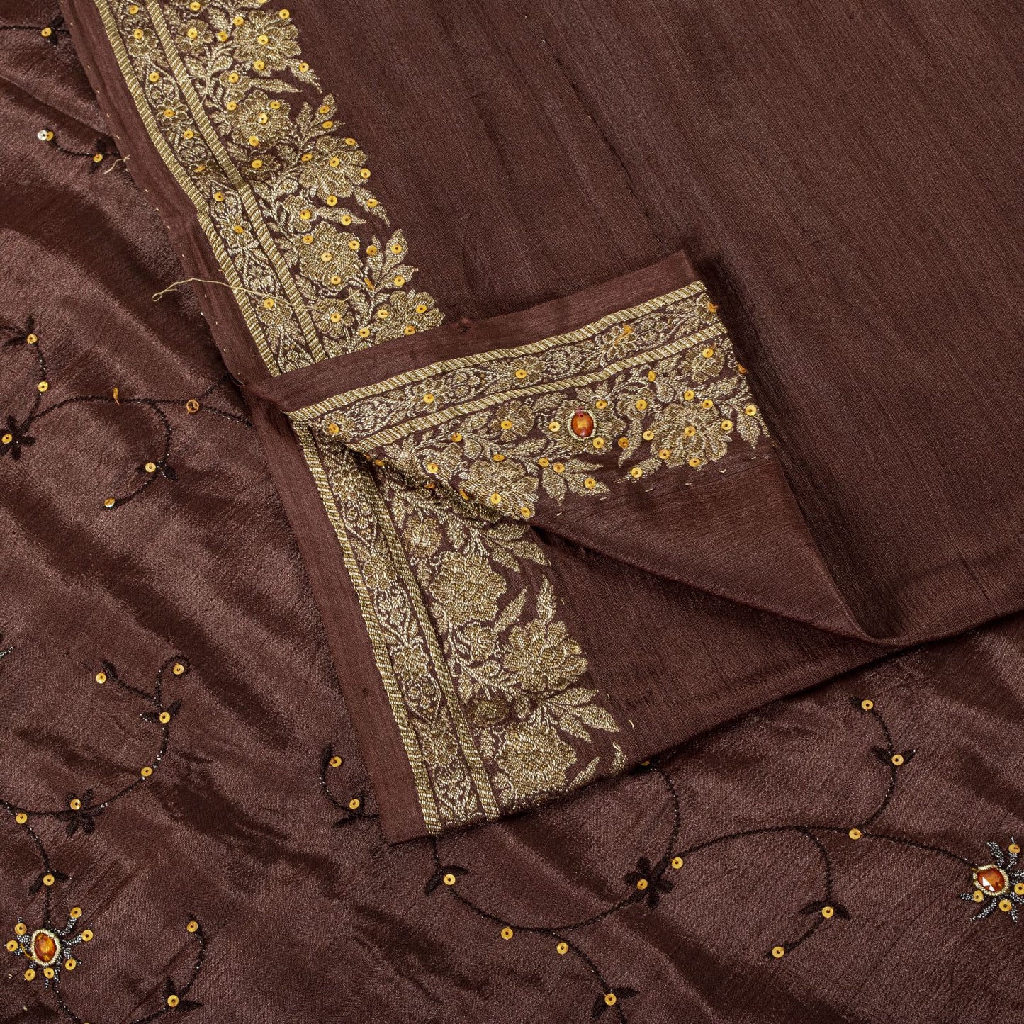 Sanskriti Vintage Saree Brown 100% Pure Silk Hand Embroidered-Woven Wedding Sari
