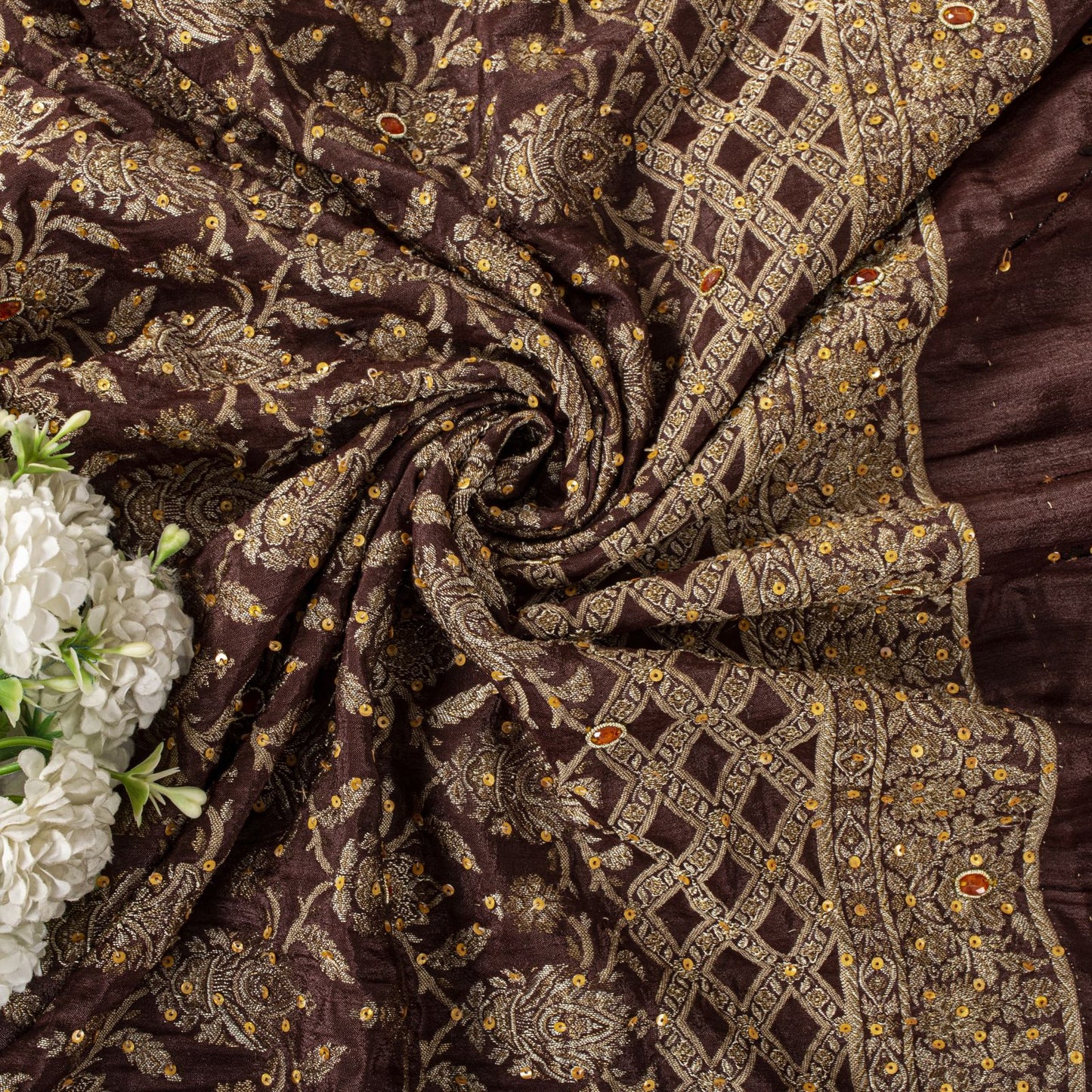 Sanskriti Vintage Saree Brown 100% Pure Silk Hand Embroidered-Woven Wedding Sari