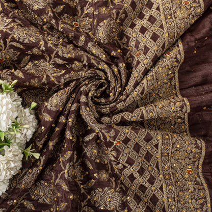 Sanskriti Vintage Saree Brown 100% Pure Silk Hand Embroidered-Woven Wedding Sari