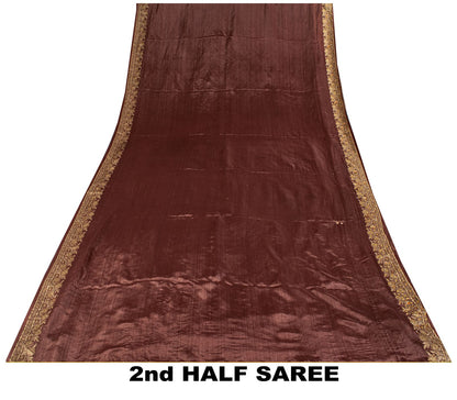 Sanskriti Vintage Saree Brown 100% Pure Silk Hand Embroidered-Woven Wedding Sari